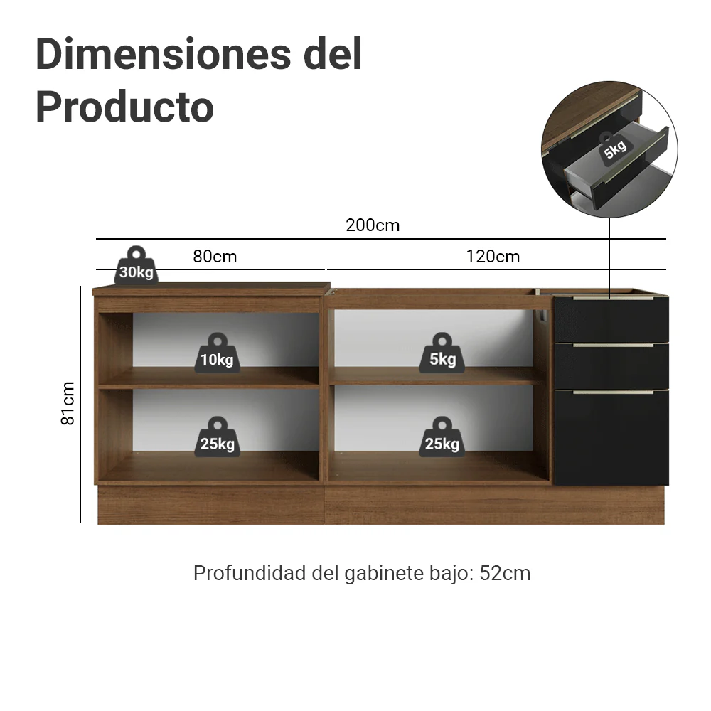 Cocina Compacta 200 cm Marrón/Negro Lux Madesa 05 - Image 2