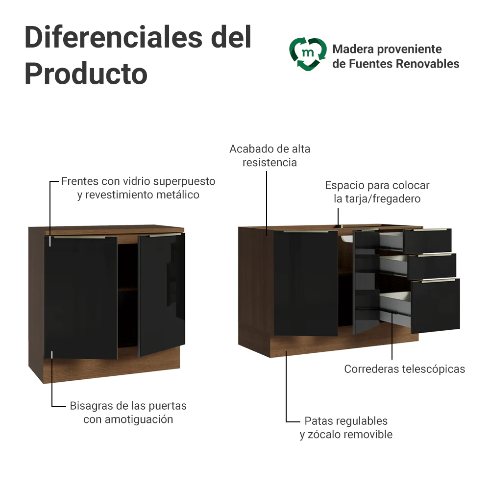 Cocina Compacta 200 cm Marrón/Negro Lux Madesa 05 - Image 3