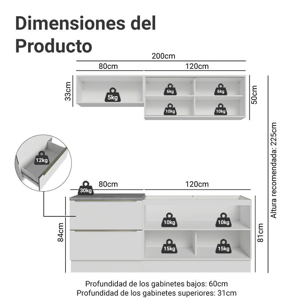 Cocina Compacta 200 x 60 cm Blanco/Blanco Aterciopelado Lux Madesa 01 - Image 2