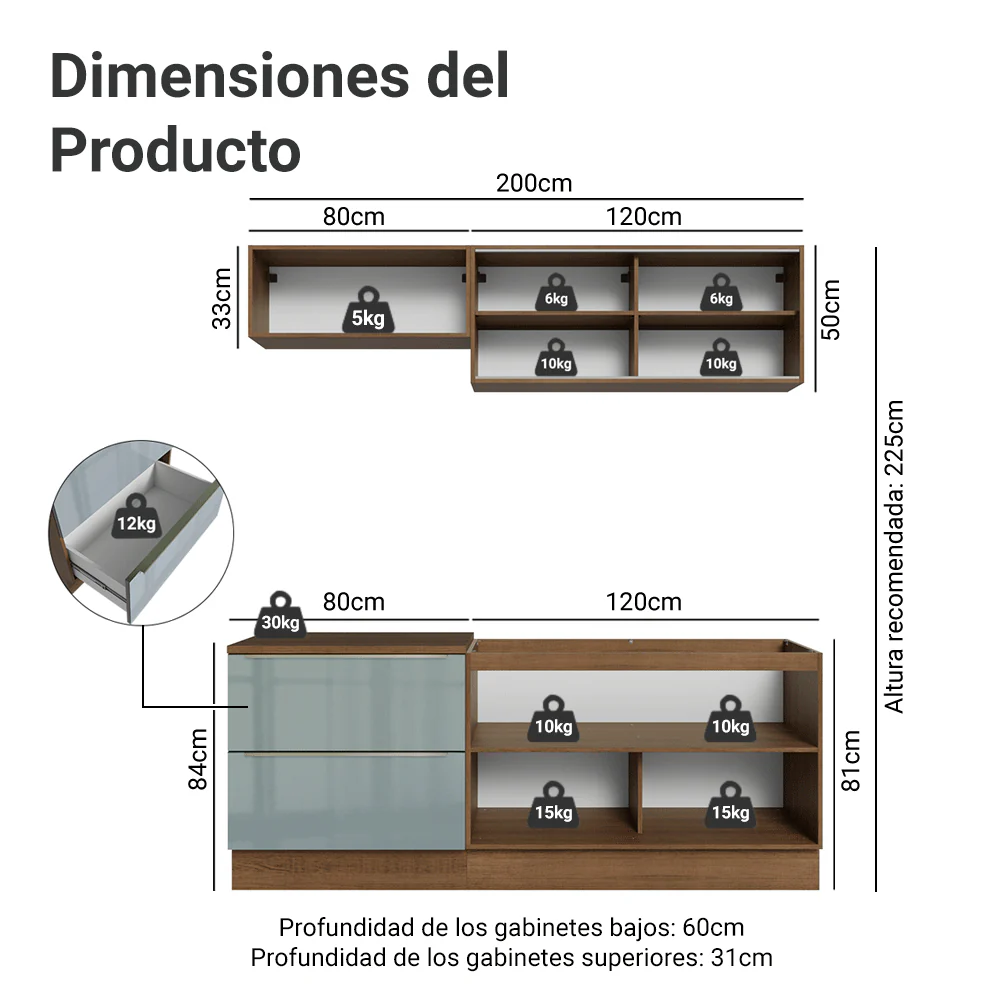Cocina Compacta 200 x 60 cm Marrón/Gris Lux Madesa 01 - Image 2