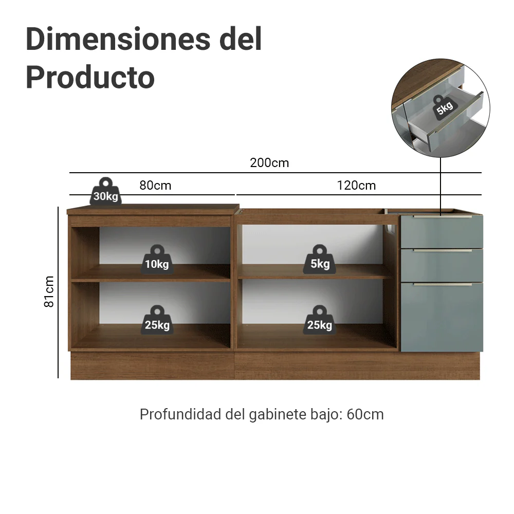 Cocina Compacta 200 x 60 cm Marrón/Gris Lux Madesa 06 - Image 2