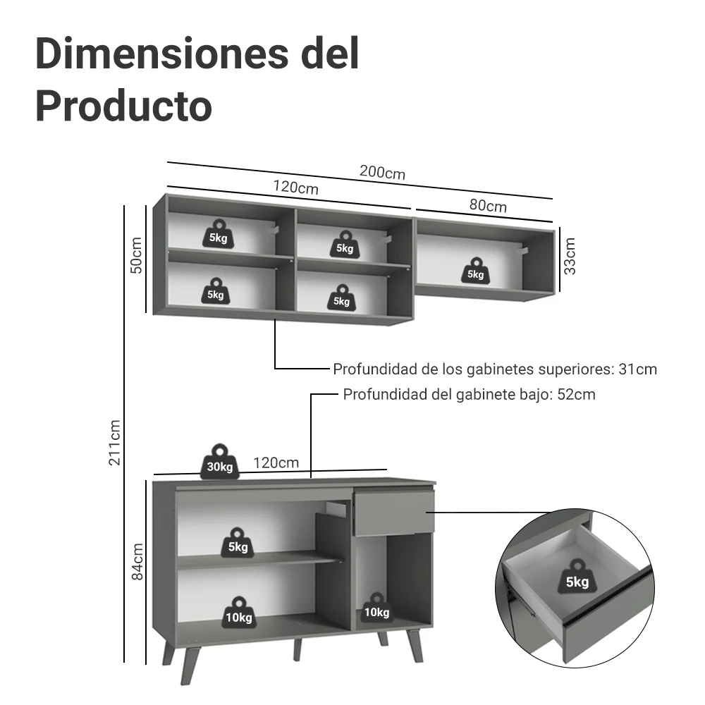 Combo de Cocina 200cm Gris Nice Madesa 03 - Image 2