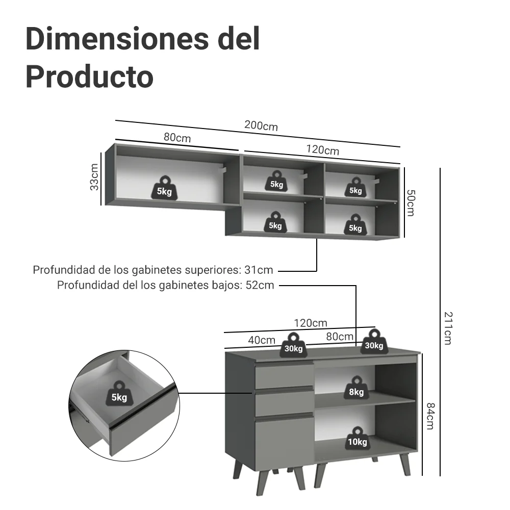 Combo de Cocina 200cm Gris Nice Madesa 06 - Image 2