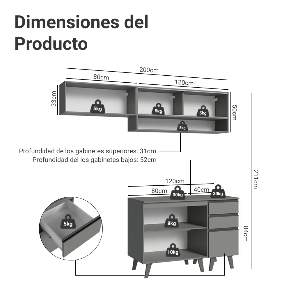Combo de Cocina 200cm Gris Nice Madesa 13 - Image 2