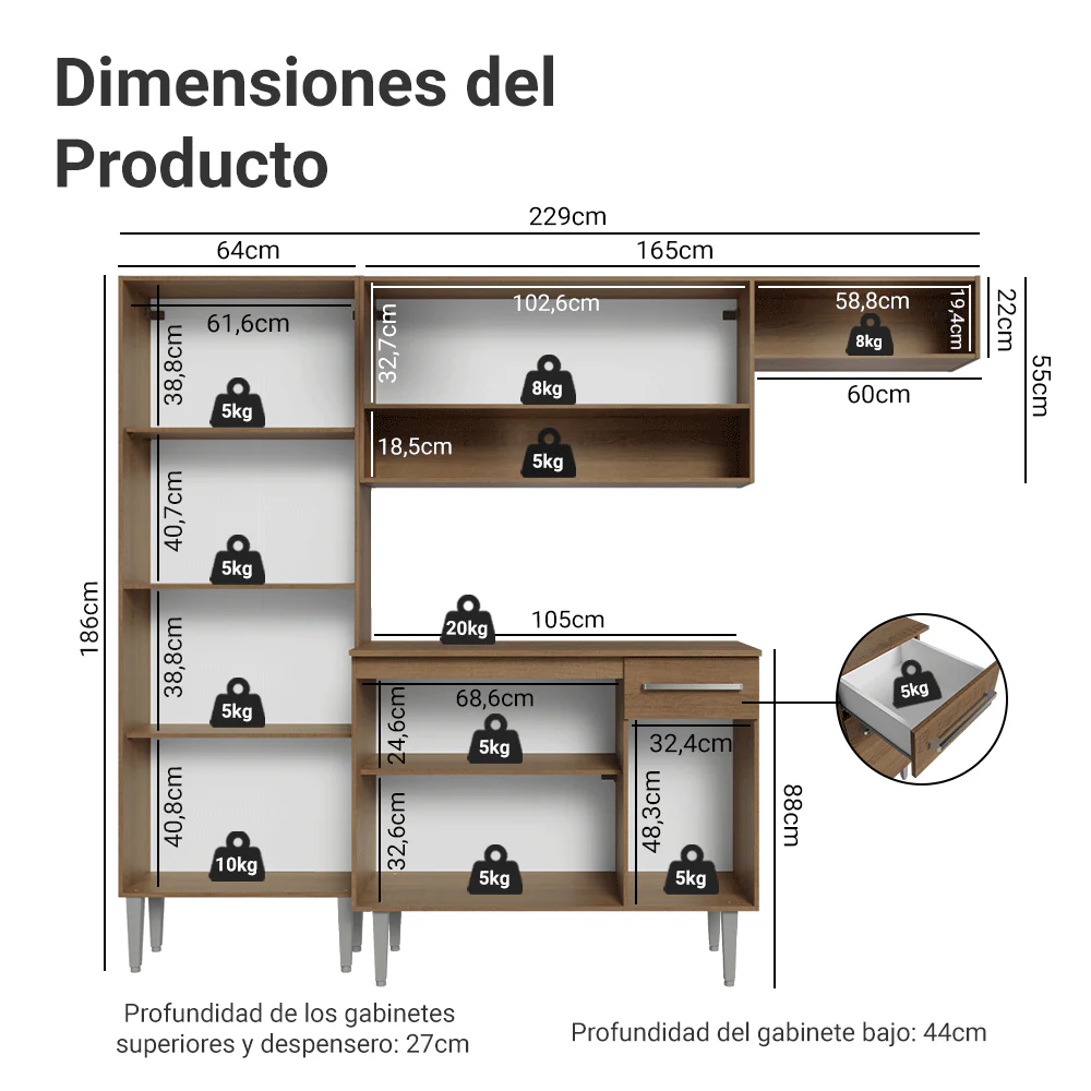 Cocina Compacta 229 cm Emilly Marrón/Blanco 016 - Image 2