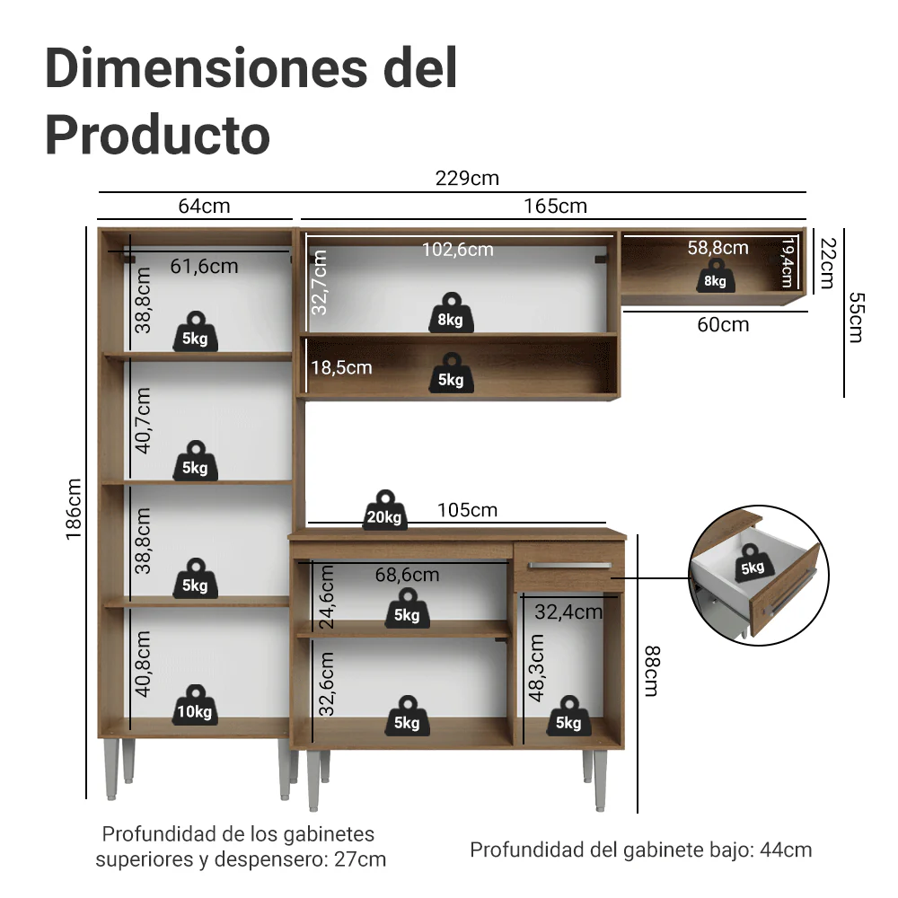 Cocina Compacta 229 cm Emilly Marrón/Gris 016 - Image 2