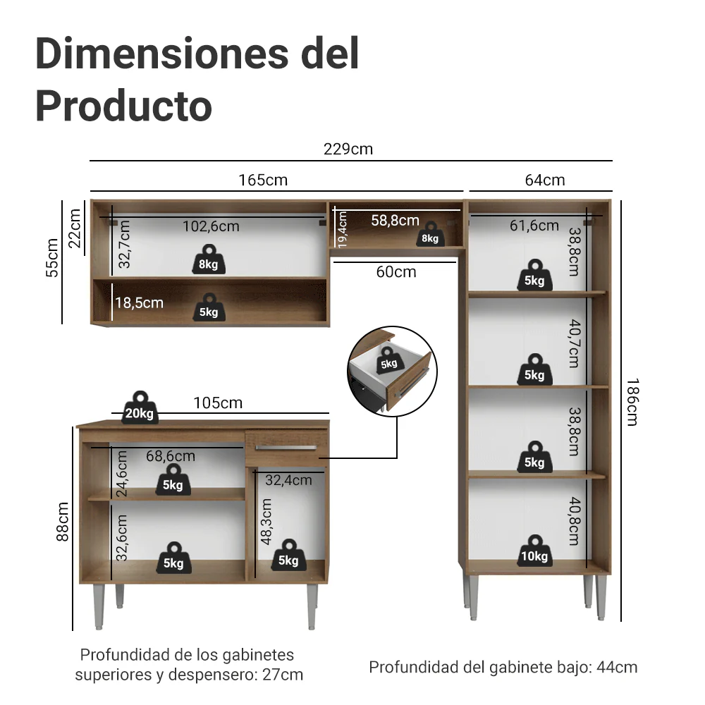 Cocina Compacta 229 cm Emilly Marrón/Gris 017 - Image 2
