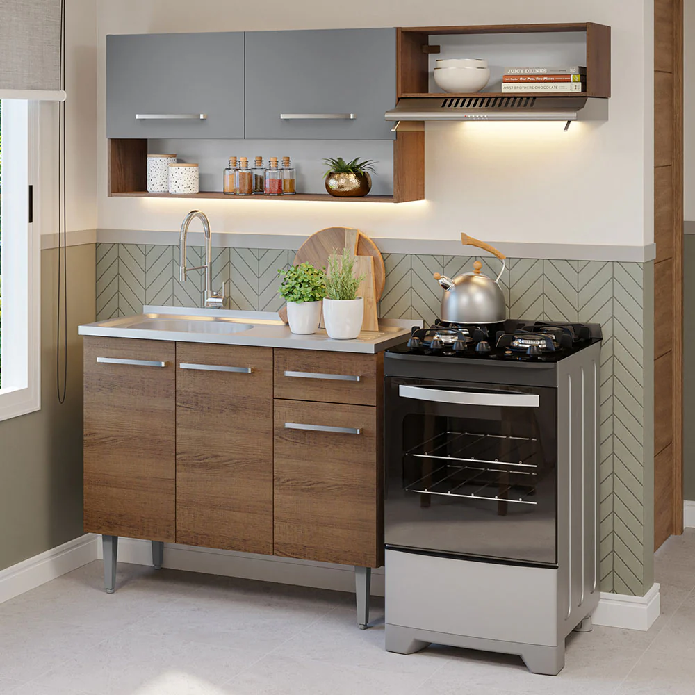 Cocina Compacta con Bacha 165 cm Emilly Marrón/Gris 09