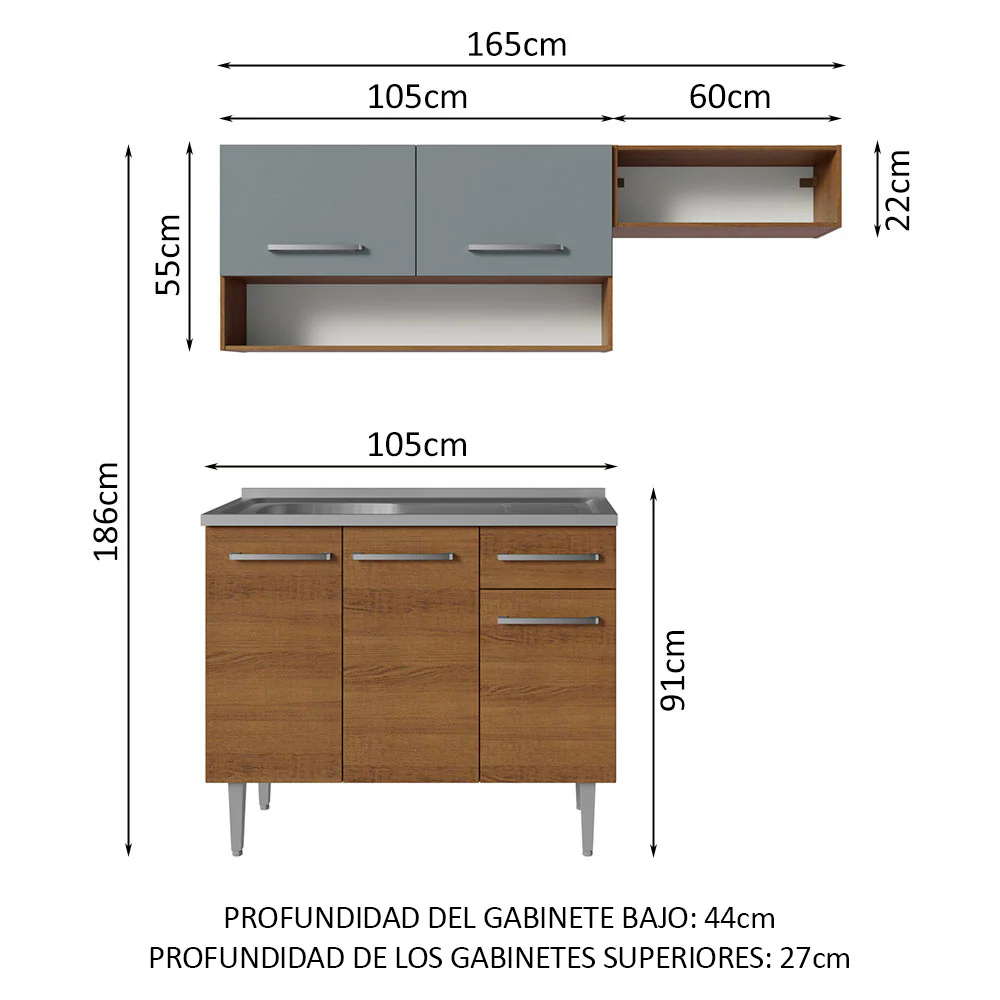 Cocina Compacta con Bacha 165 cm Emilly Marrón/Gris 09 - Image 2