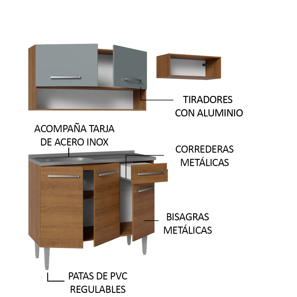 Cocina Compacta con Bacha 165 cm Emilly Marrón/Gris 09 - Image 4
