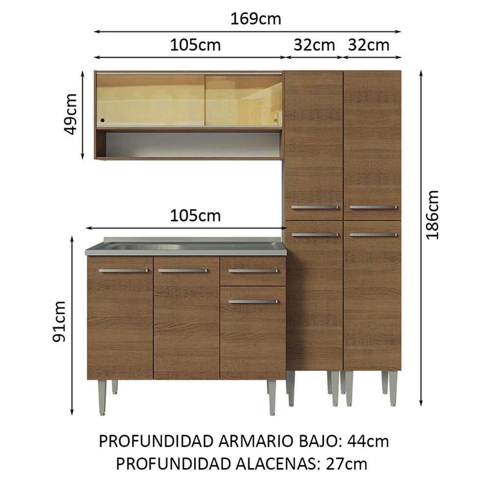Cocina Compacta con Bacha 169 cm Emilly Marrón 14 - Image 2