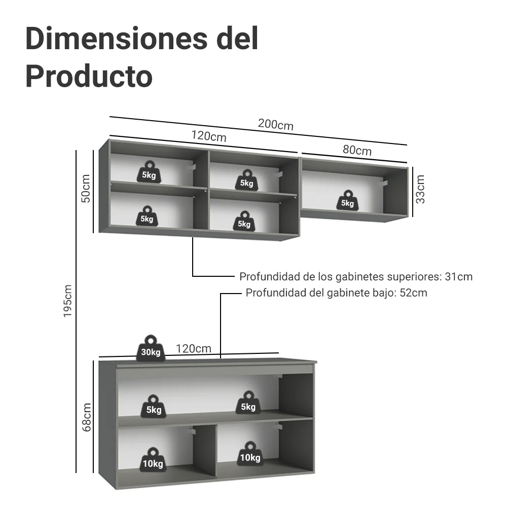 Combo de Cocina Flotante 200cm Gris Nice Madesa 02 - Image 2