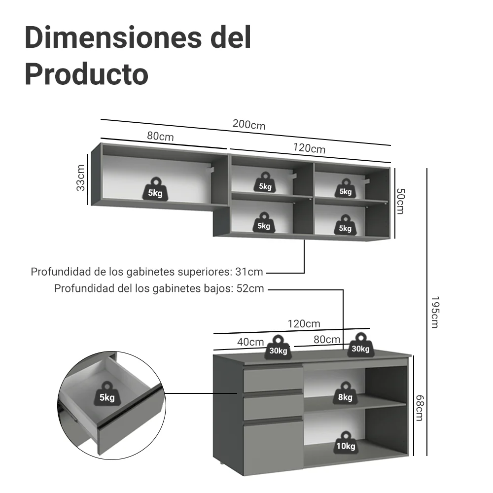 Combo de Cocina Flotante 200cm Gris Nice Madesa 05 - Image 2