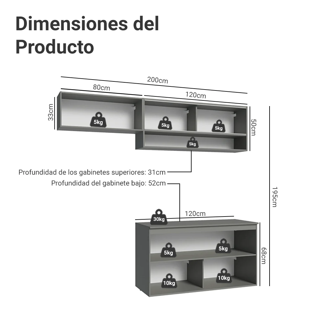 Combo de Cocina Flotante 200cm Gris Nice Madesa 08 - Image 2