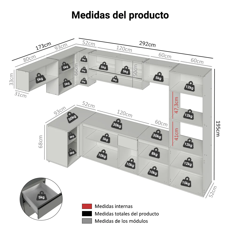 Combo completo de Cocina Esquinera Flotante 465cm Gris Nice Madesa 02 - Image 2