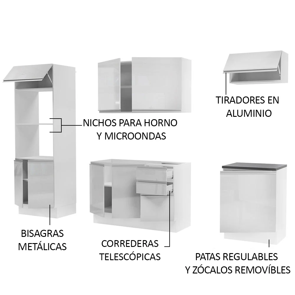 Combo Completo de Cocina 100% MDF 250 cm Frentes Blanco Brillante Acordes Madesa 03 - Image 4