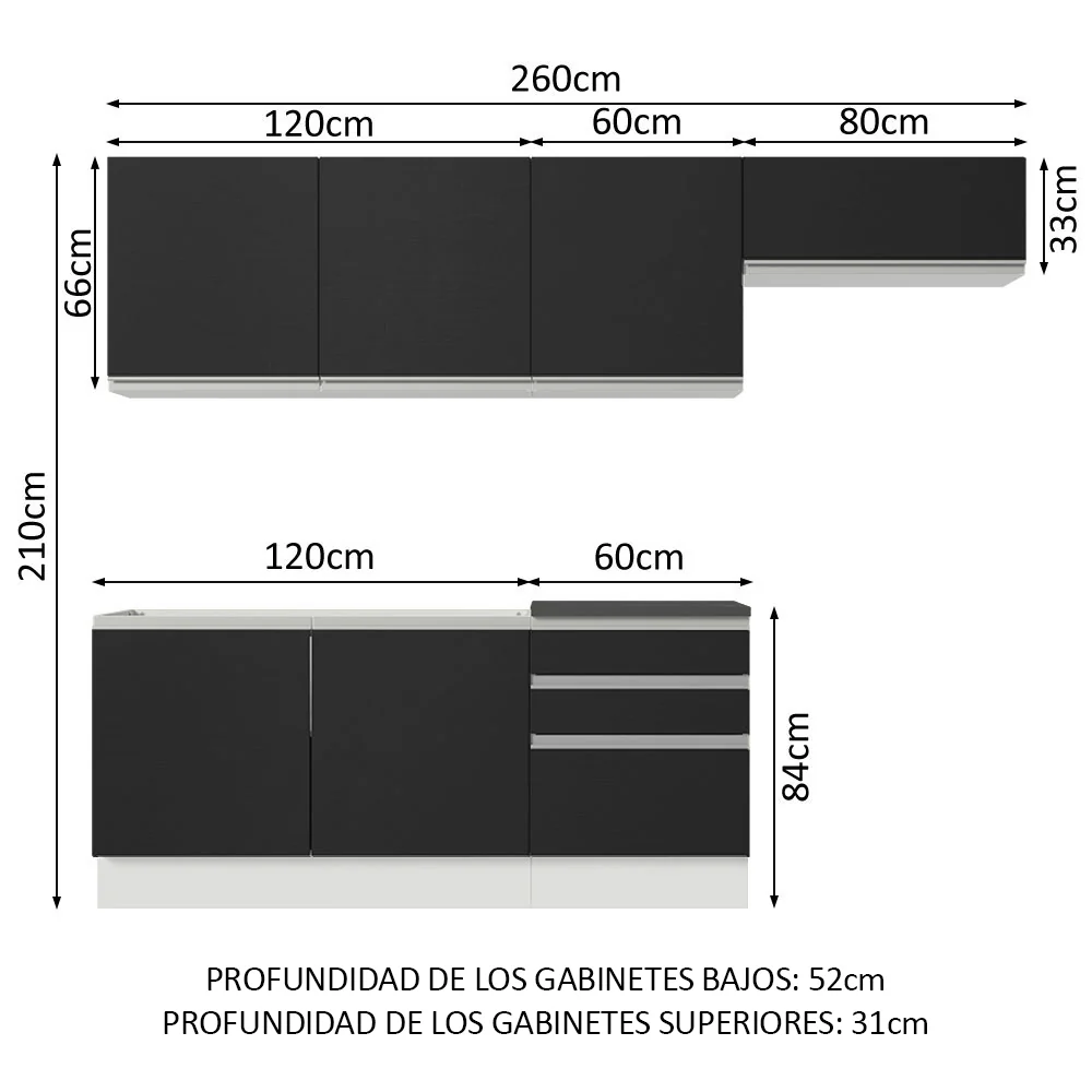 Combo Completo de Cocina 100% MDF 260 cm Blanco/Negro Acordes Madesa 03 - Image 2
