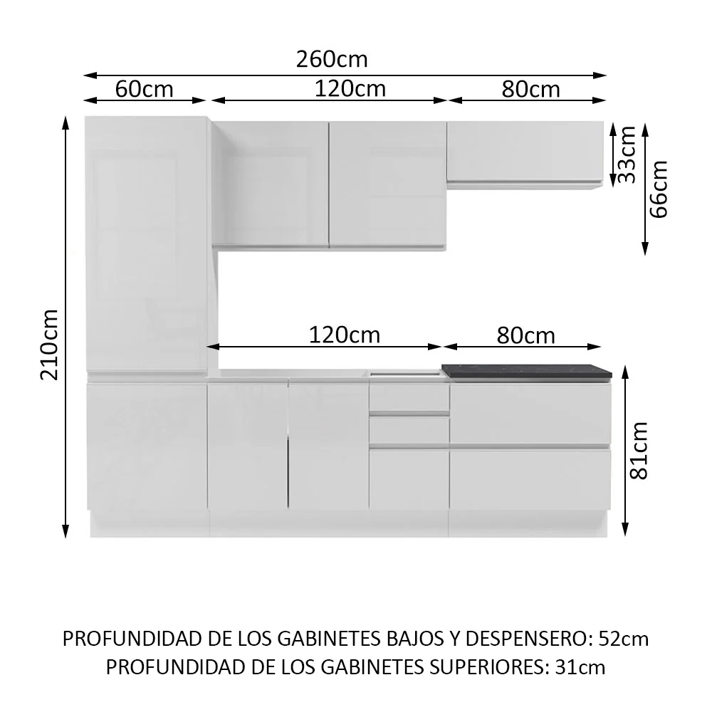 Combo Completo de Cocina 100% MDF 260 cm Frentes Blanco Brillante Acordes Madesa 01 - Image 2