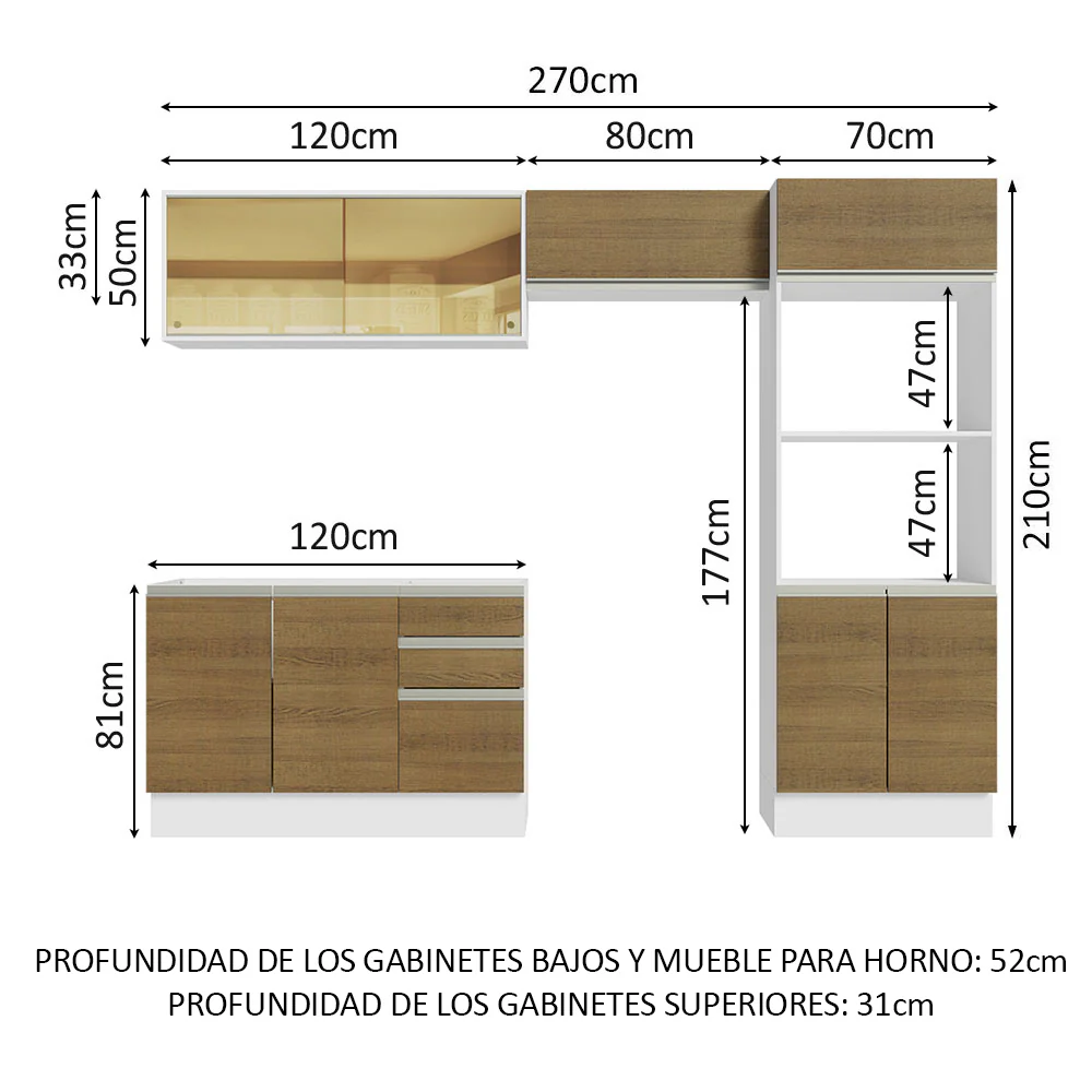 Combo Completo de Cocina 100% MDF 270 cm Blanco/Marrón Acordes Madesa 08 - Image 2