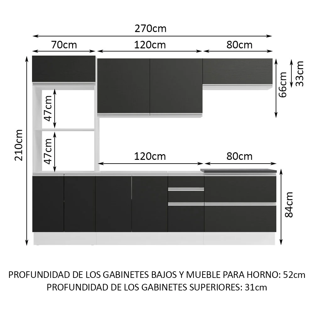 Combo Completo de Cocina 100% MDF 270 cm Blanco/Negro Acordes Madesa 06 - Image 2