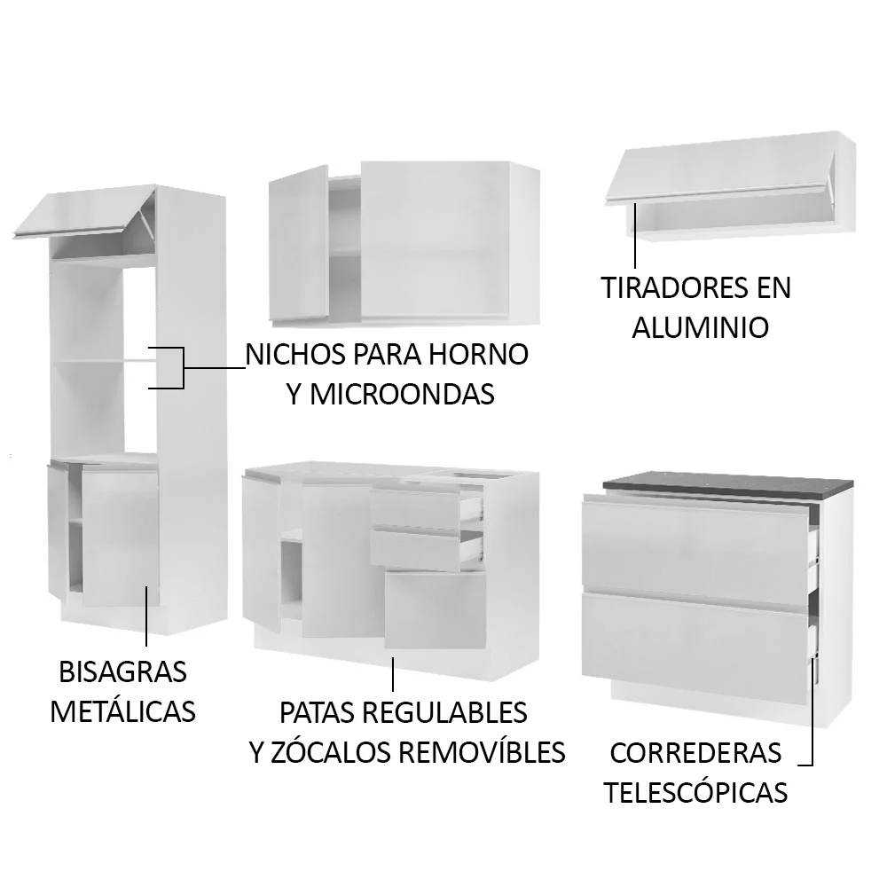 Combo Completo de Cocina 100% MDF 270 cm Frentes Blanco Brillante Acordes Madesa 06 - Image 4