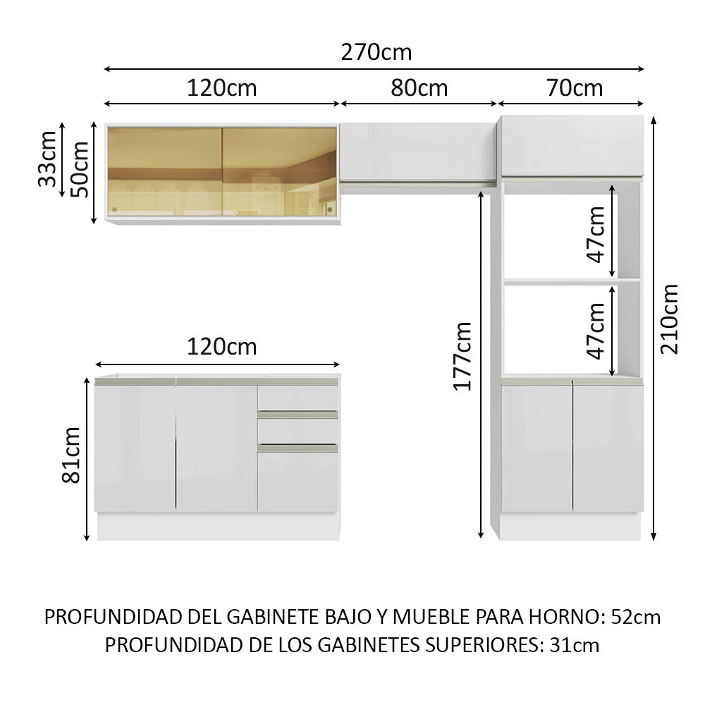Combo Completo de Cocina 100% MDF 270 cm Frentes Blanco Brillante Acordes Madesa 08 - Image 2