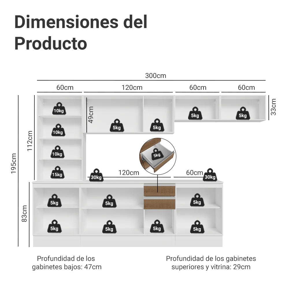 Combo Completo de Cocina 100% MDF 300 cm Blanco/Marrón/Crema Smart Madesa 04 - Image 2