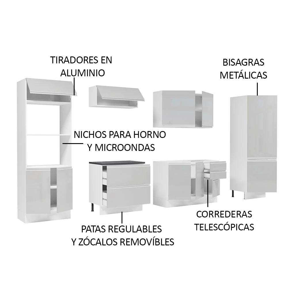 Combo Completo de Cocina 100% MDF 330 cm Frentes Blanco Brillante Acordes Madesa 05 - Image 4