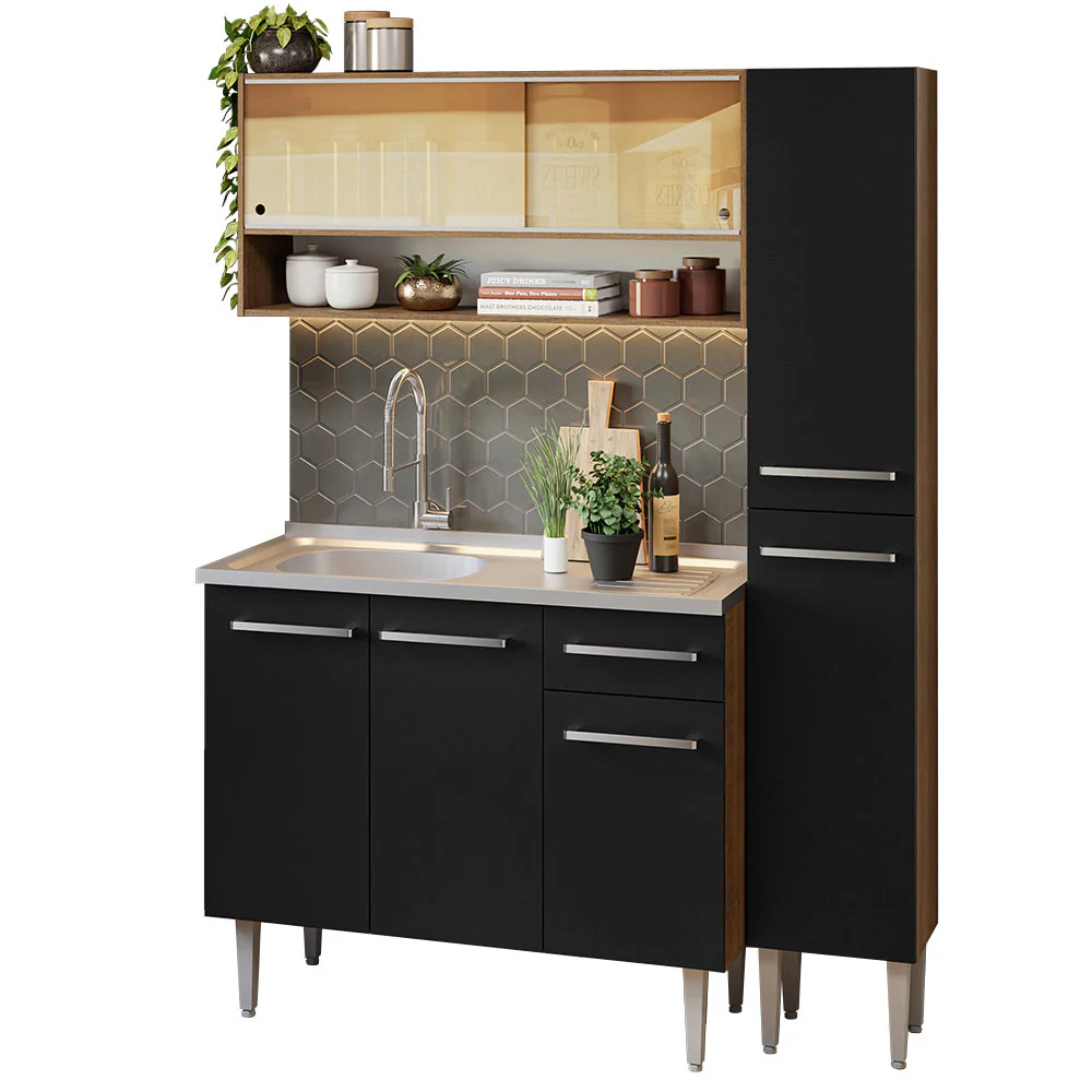 Combo completo de Cocina 137 cm con Bacha de acero, Marrón/Negro, Emilly 10 - Image 3