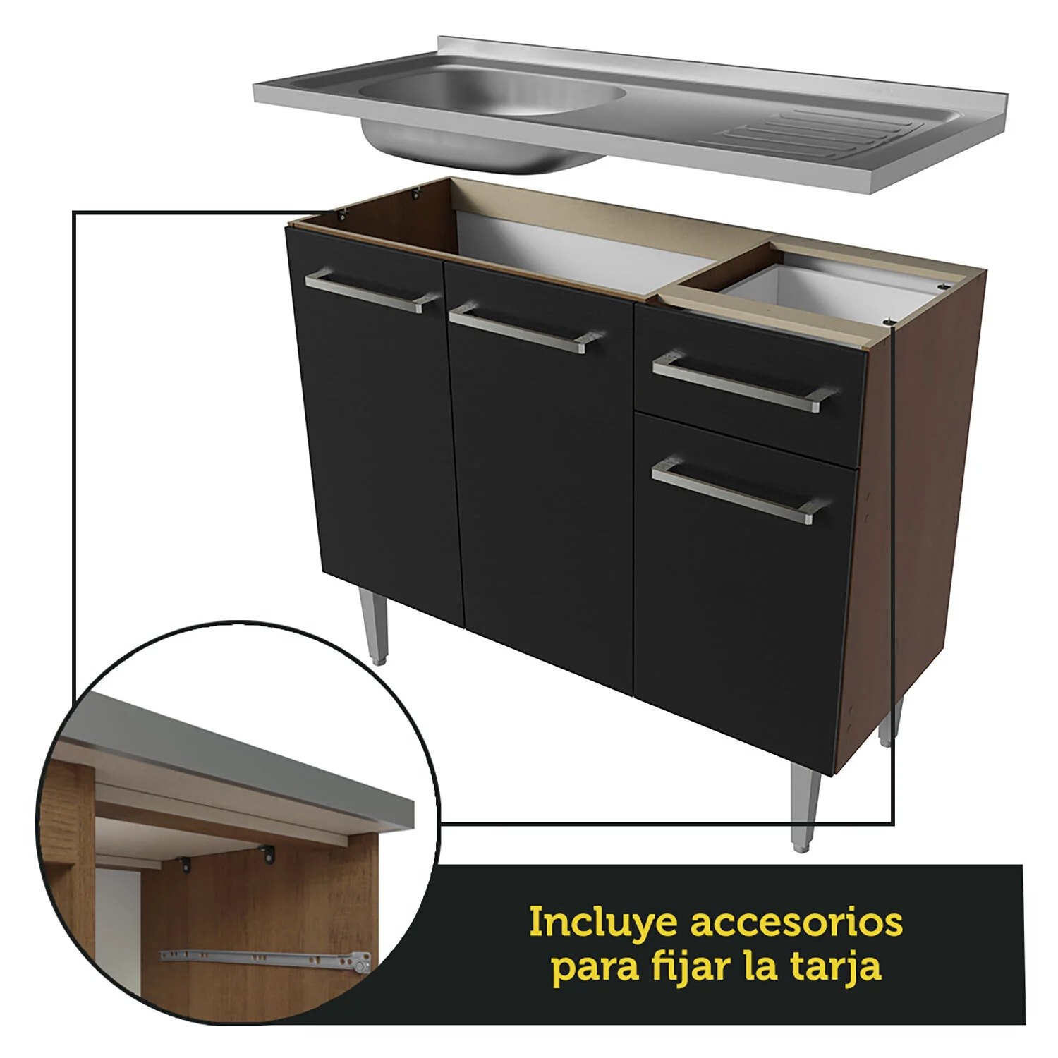 Combo completo de Cocina 137 cm con Bacha de acero, Marrón/Negro, Emilly 10 - Image 4