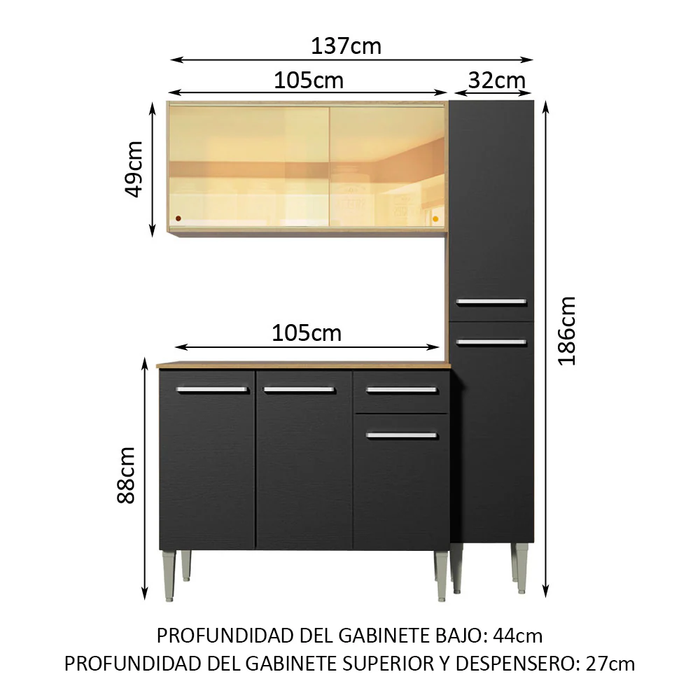 Combo de Cocina 137cm Marrón/Negro Emilly Gold Madesa 03 - Image 3