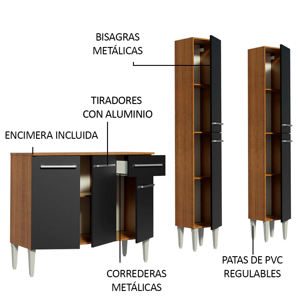 Combo de Cocina 169cm Marrón/Negro Emilly Front Madesa 02 - Image 4