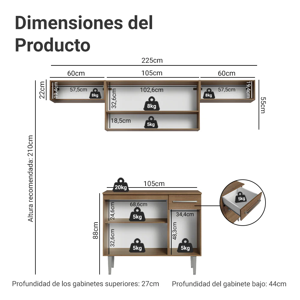 Combo completo de Cocina 225cm Marrón/Gris Emilly 01 - Image 2