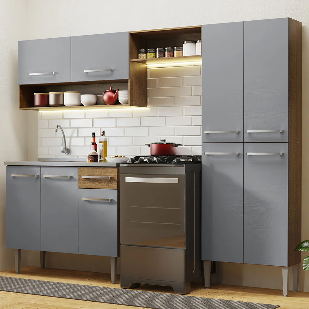 Combo completo de Cocina 229 cm con Bacha de acero, Marrón/Gris, Emilly 10