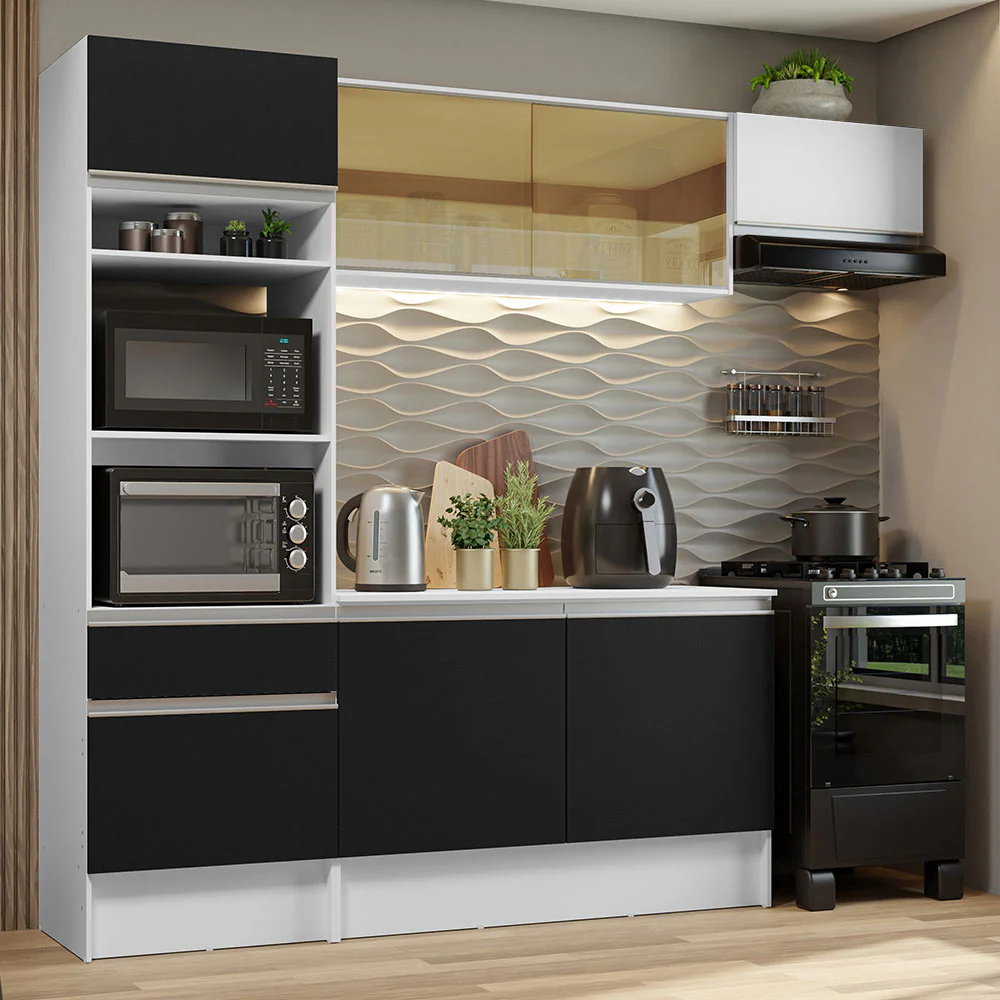 Combo Completo de Cocina 240 cm Blanco/Negro/Blanco Diamante Madesa 02