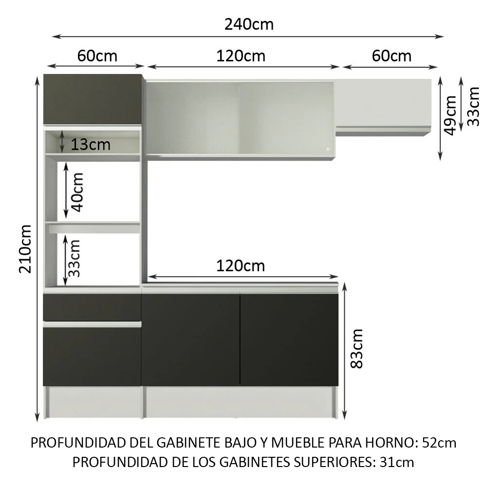 Combo Completo de Cocina 240 cm Blanco/Negro/Blanco Topazio Madesa 01 - Image 2