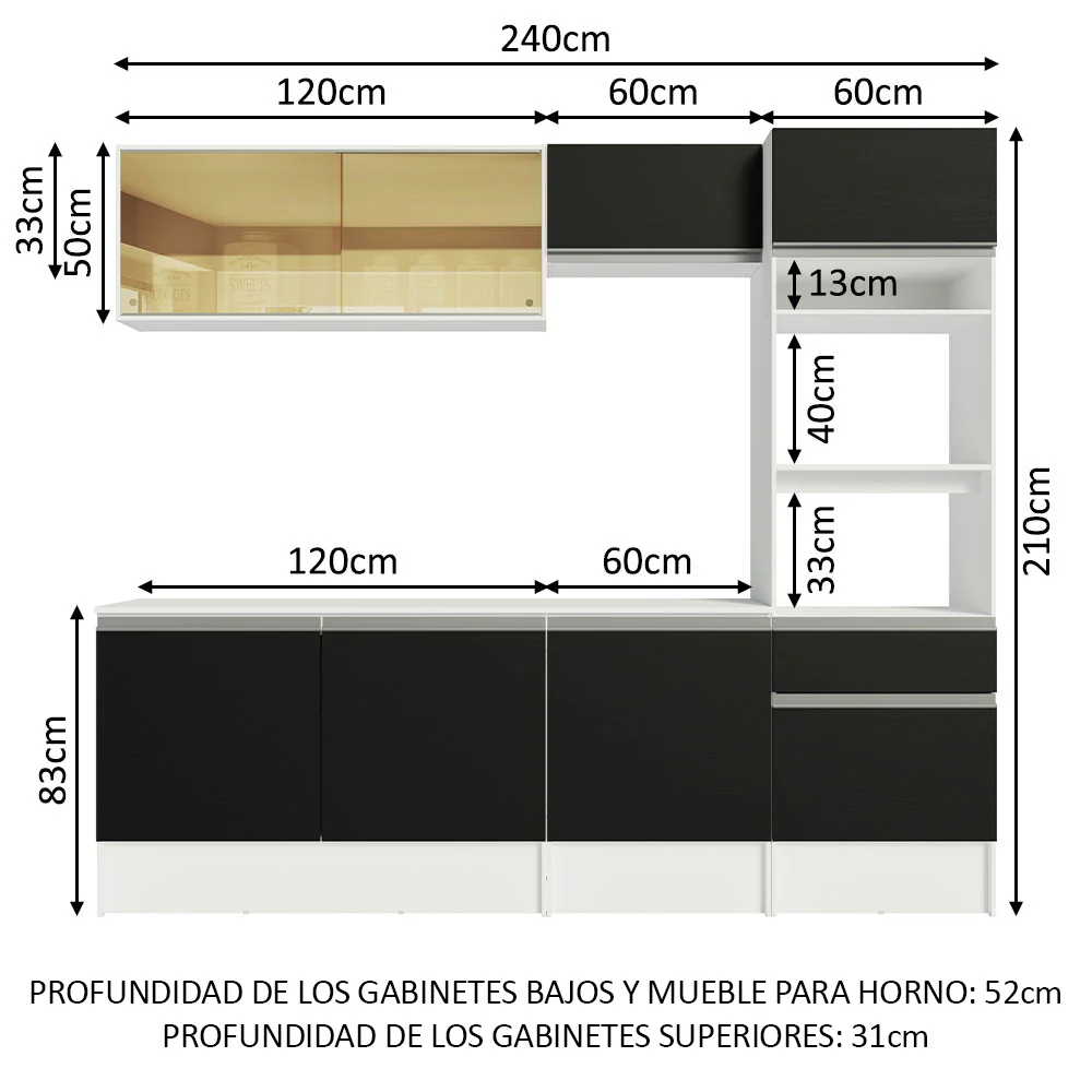 Combo Completo de Cocina 240 cm Blanco/Negro Diamante Madesa 06 - Image 2