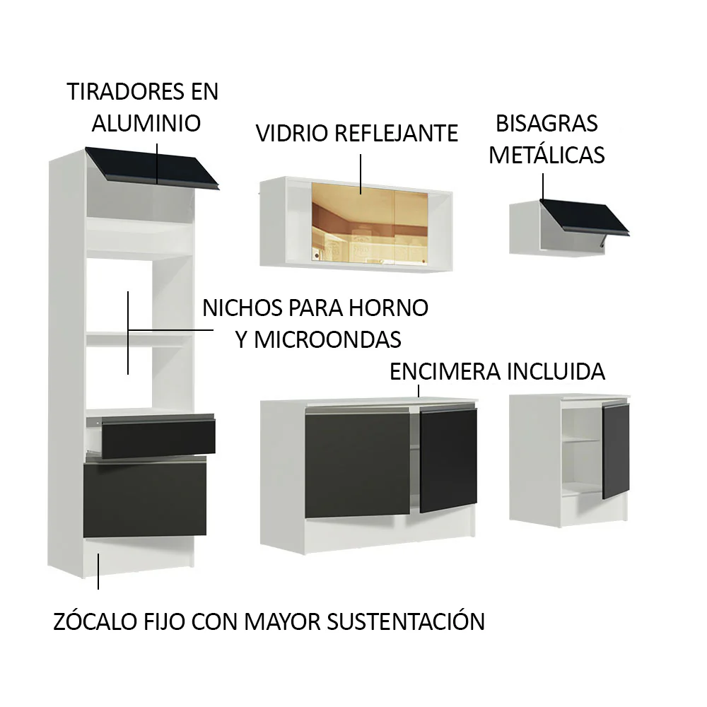 Combo Completo de Cocina 240 cm Blanco/Negro Diamante Madesa - Image 4