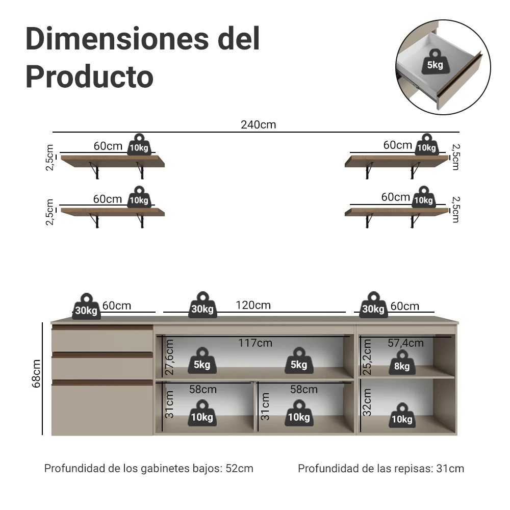 Combo completo de Cocina 240 cm, Flotante, Crema Nice 10 - Image 2