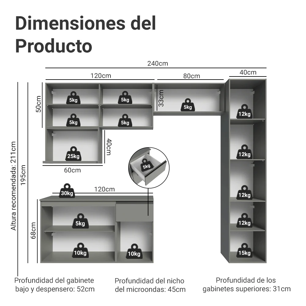 Combo completo de Cocina 240 cm Flotante Gris Nice Madesa 09 - Image 2