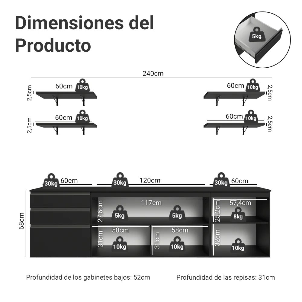 Combo Completo de Cocina 240 cm Flotante Negro Nice Madesa 10 - Image 2