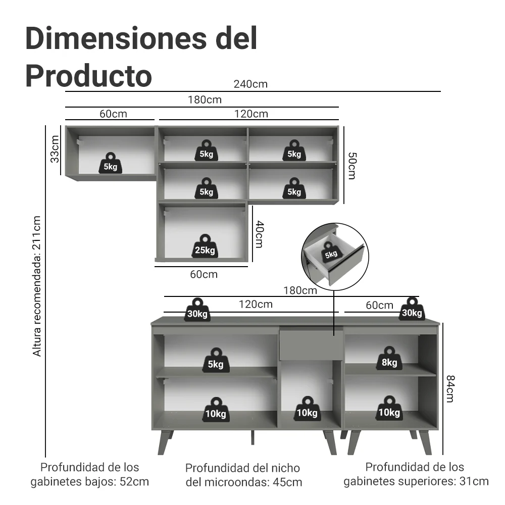 Combo completo de Cocina 240 cm Gris Nice Madesa 06 - Image 2