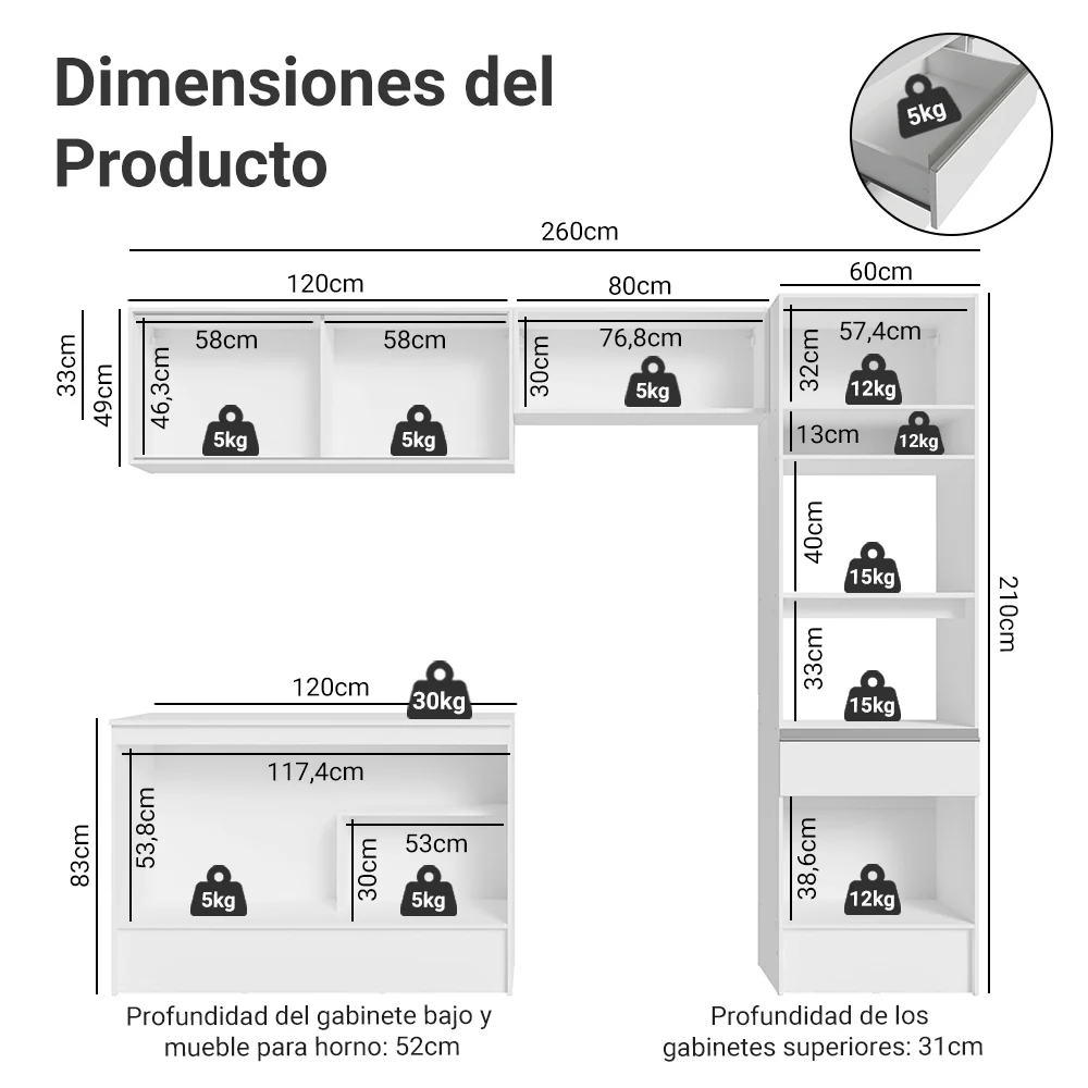 Combo Completo de Cocina 260 cm Blanco Diamante Madesa 02 - Image 2