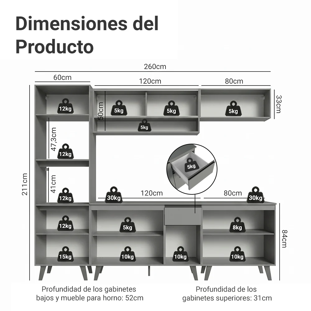 Combo Completo de Cocina 260 cm Gris Nice Madesa 01 - Image 6