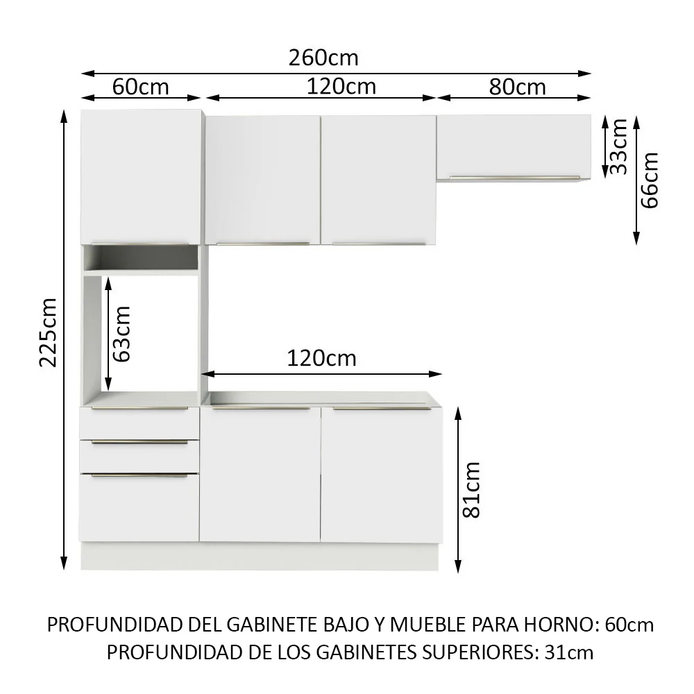Combo Completo de Cocina 260 x 60 cm Blanco/Blanco Aterciopelado Lux Madesa 03 - Image 2