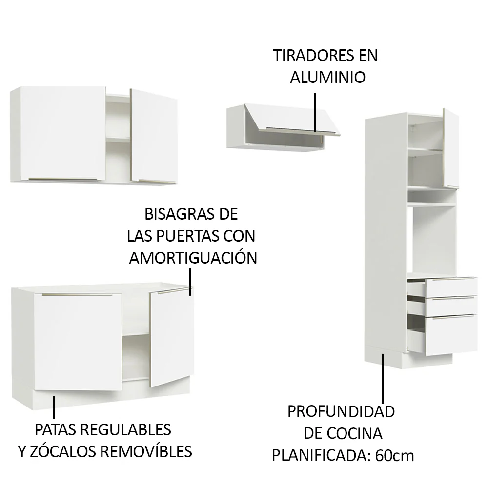 Combo Completo de Cocina 260 x 60 cm Blanco/Blanco Aterciopelado Lux Madesa 05 - Image 4