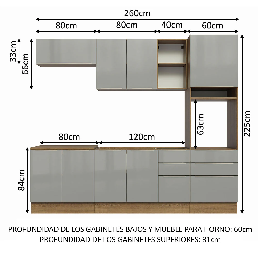 Combo completo de Cocina 260cm Marrón/Gris Lux Madesa 08 - Image 2