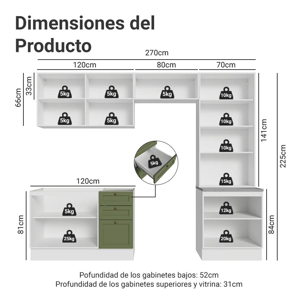 Combo completo de Cocina 270 cm Blanco/Verde Vik Madesa 06 - Image 2