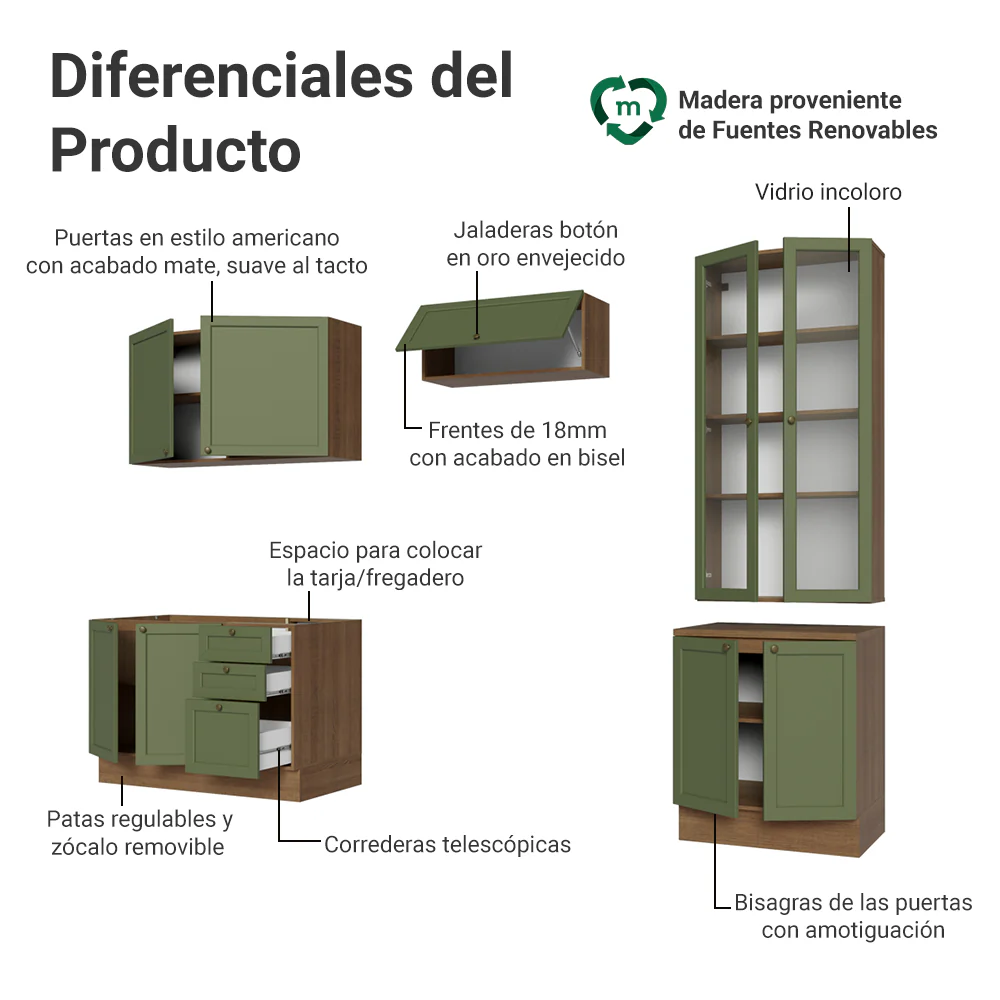 Combo completo de Cocina 270 cm Marrón/Verde Vik Madesa 06 - Image 4