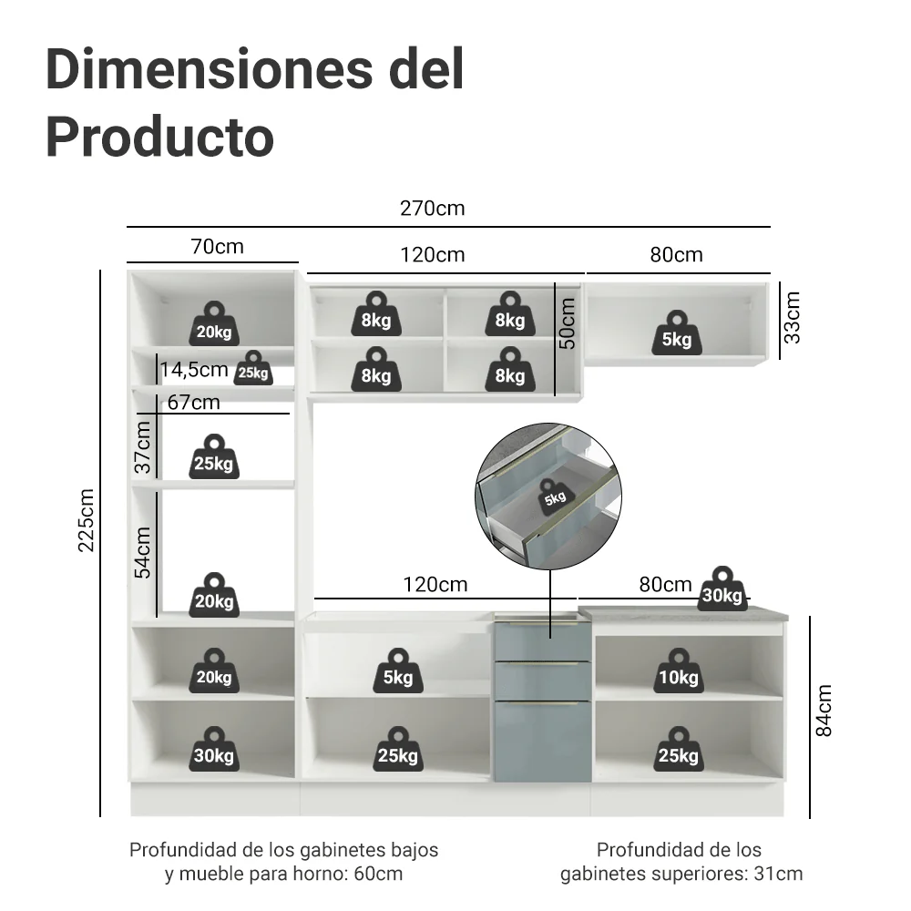 Combo Completo de Cocina 270 x 60 cm Blanco/Gris Lux Madesa 06 - Image 2